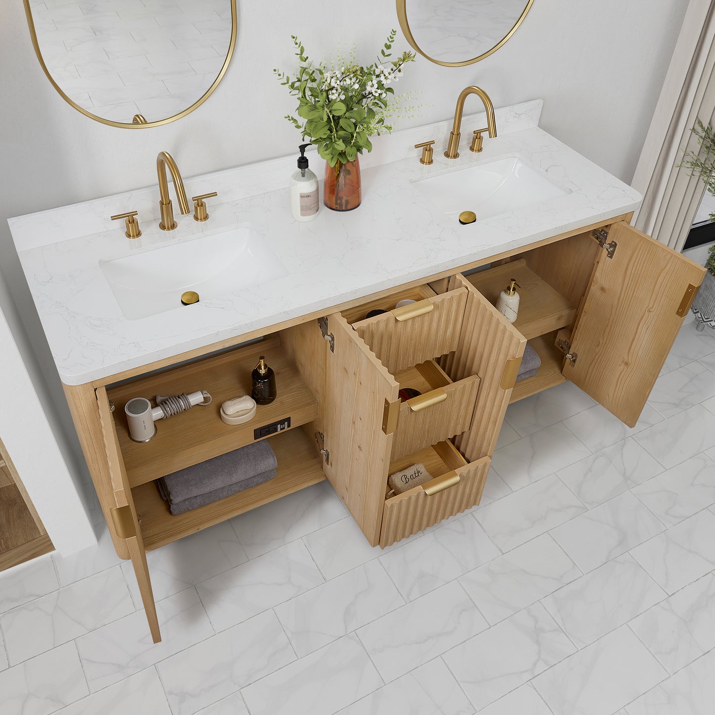 Vinnova, Cádiz 72in. Free-standing Double Bathroom Vanity in Washed Ash Grey with Composite top in Lightning White