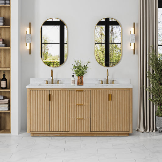 Vinnova, Cádiz 72in. Free-standing Double Bathroom Vanity in Washed Ash Grey with Composite top in Lightning White and Mirror