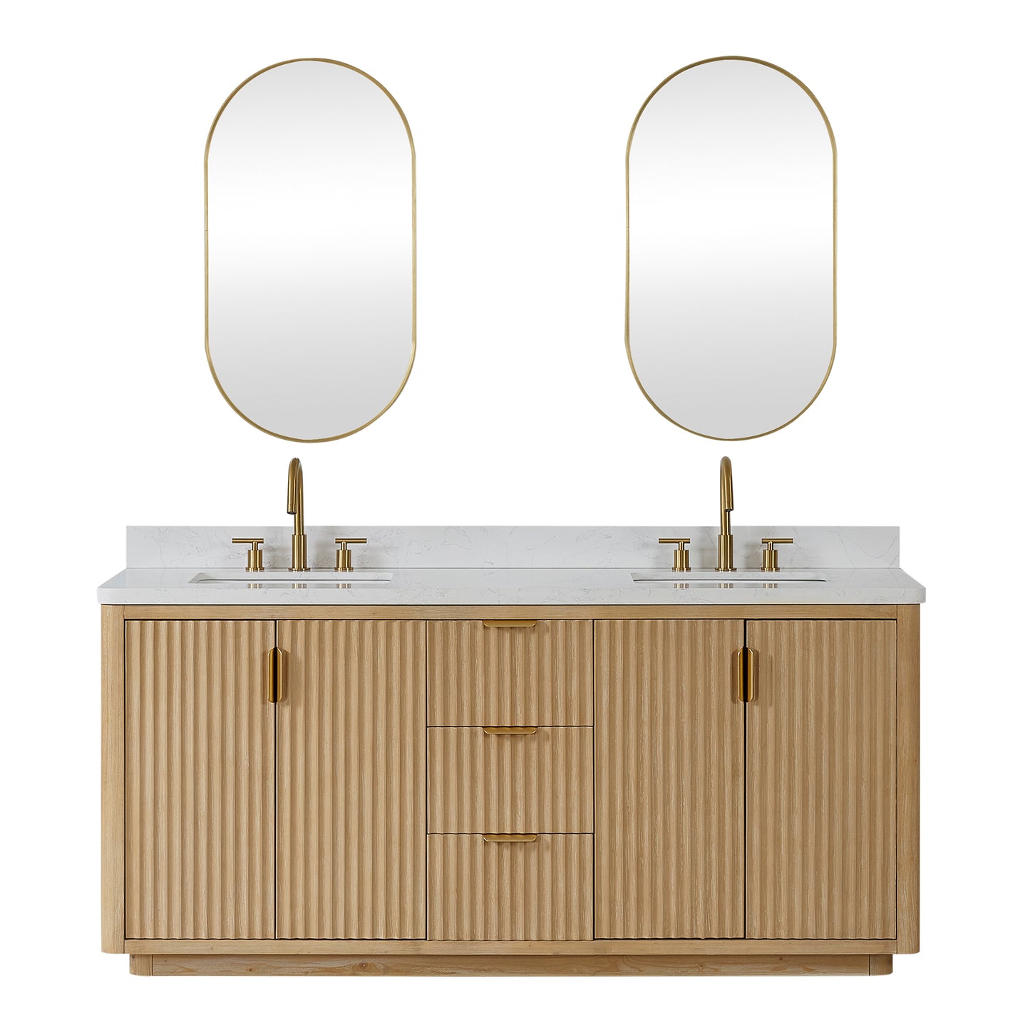 Vinnova, Cádiz 72in. Free-standing Double Bathroom Vanity in Washed Ash Grey with Composite top in Lightning White and Mirror