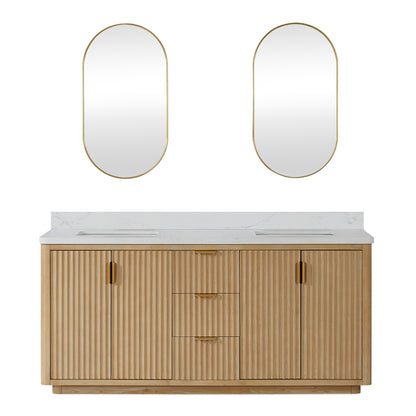 Vinnova, Cádiz 72in. Free-standing Double Bathroom Vanity in Washed Ash Grey with Composite top in Lightning White and Mirror