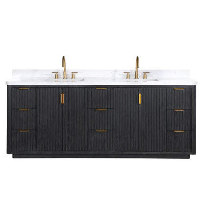 Vinnova, Cádiz 84in. Free-standing Double Bathroom Vanity in Fir Wood Black with Composite top in Lightning White