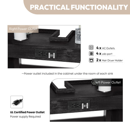 Vinnova, Cádiz 84in. Free-standing Double Bathroom Vanity in Fir Wood Black with Composite top in Lightning White