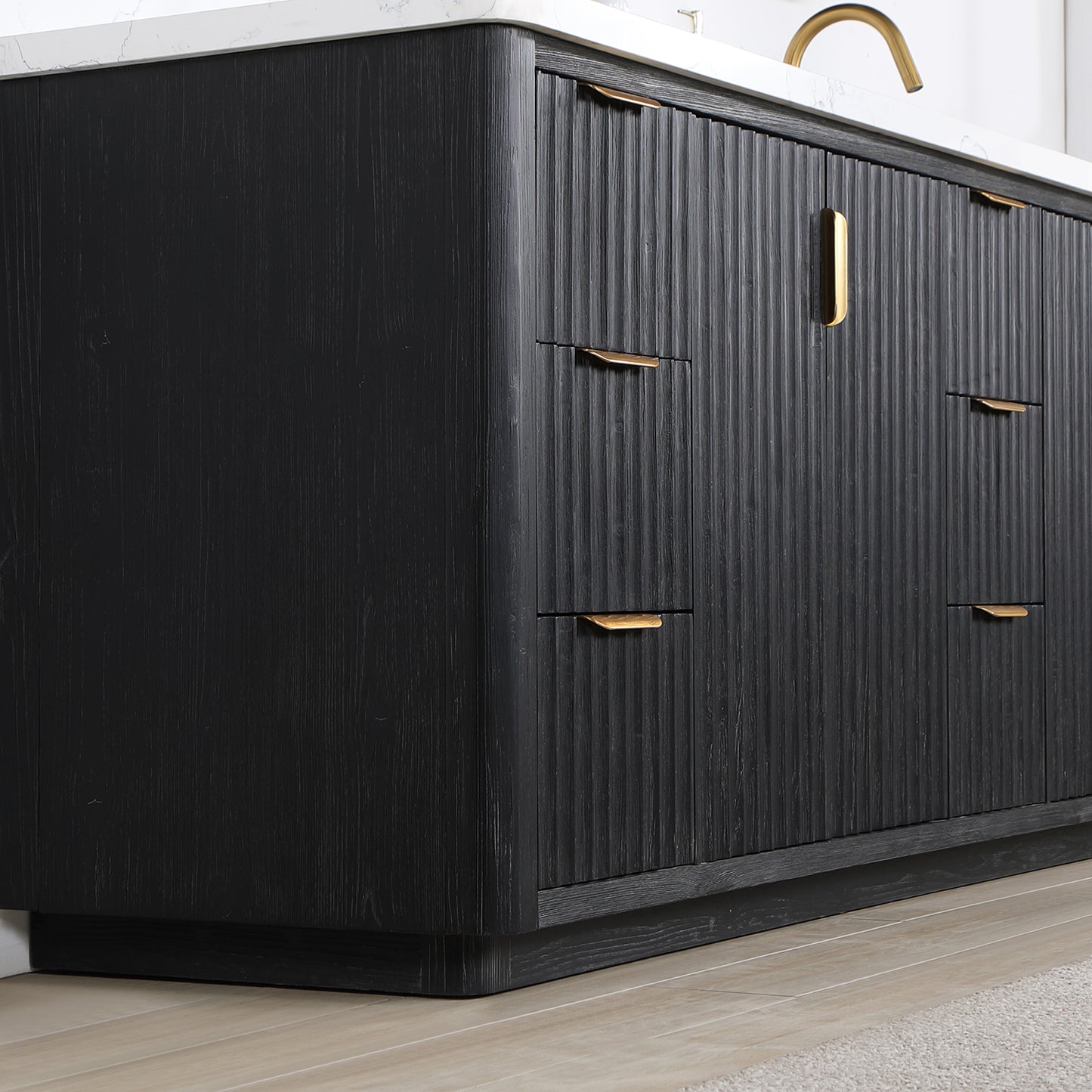 Vinnova, Cádiz 84in. Free-standing Double Bathroom Vanity in Fir Wood Black with Composite top in Lightning White