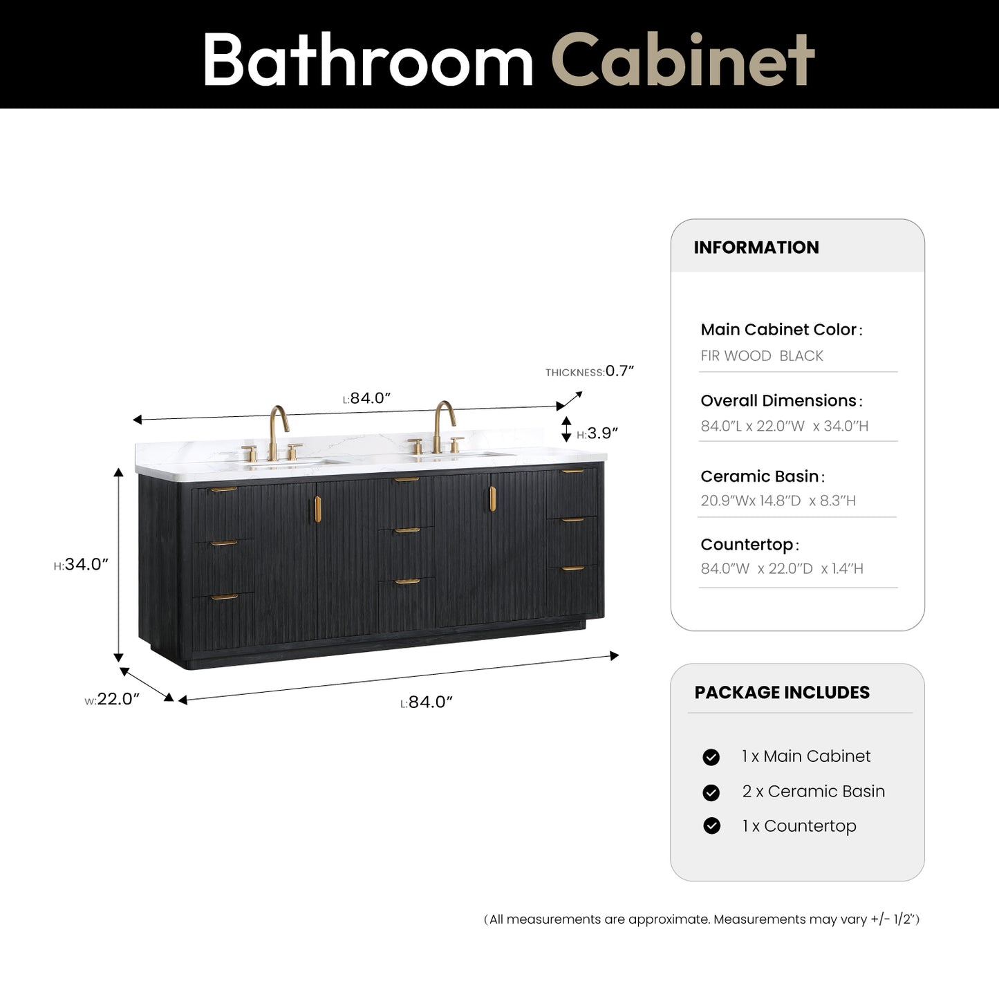 Vinnova, Cádiz 84in. Free-standing Double Bathroom Vanity in Fir Wood Black with Composite top in Lightning White