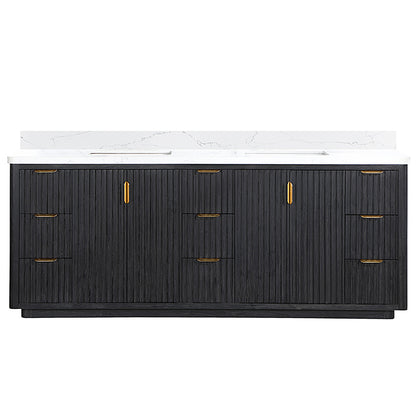 Vinnova, Cádiz 84in. Free-standing Double Bathroom Vanity in Fir Wood Black with Composite top in Lightning White