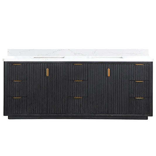 Vinnova, Cádiz 84in. Free-standing Double Bathroom Vanity in Fir Wood Black with Composite top in Lightning White
