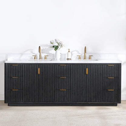 Vinnova, Cádiz 84in. Free-standing Double Bathroom Vanity in Fir Wood Black with Composite top in Lightning White