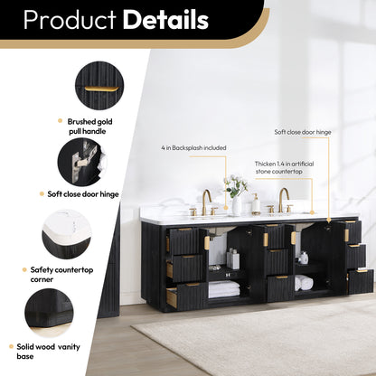 Vinnova, Cádiz 84in. Free-standing Double Bathroom Vanity in Fir Wood Black with Composite top in Lightning White