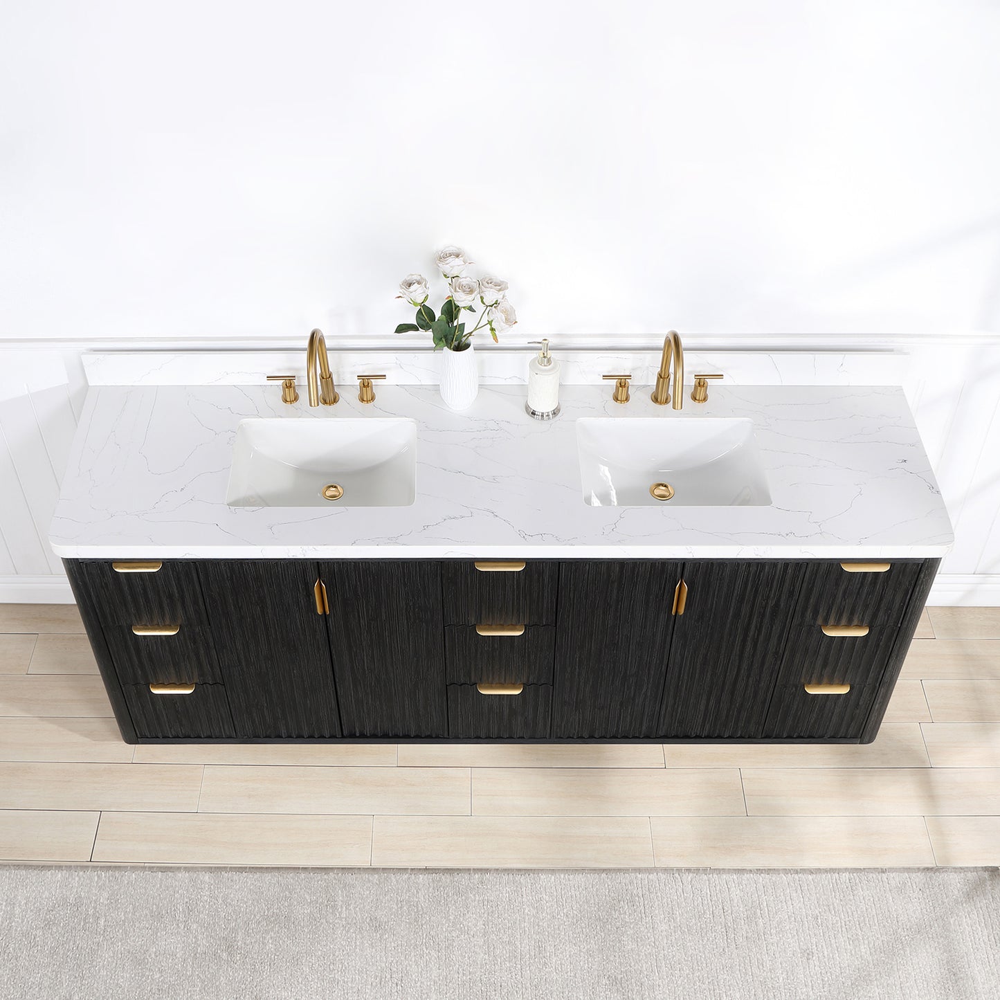 Vinnova, Cádiz 84in. Free-standing Double Bathroom Vanity in Fir Wood Black with Composite top in Lightning White