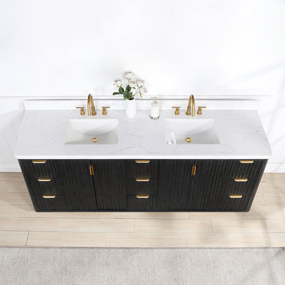 Vinnova, Cádiz 84in. Free-standing Double Bathroom Vanity in Fir Wood Black with Composite top in Lightning White