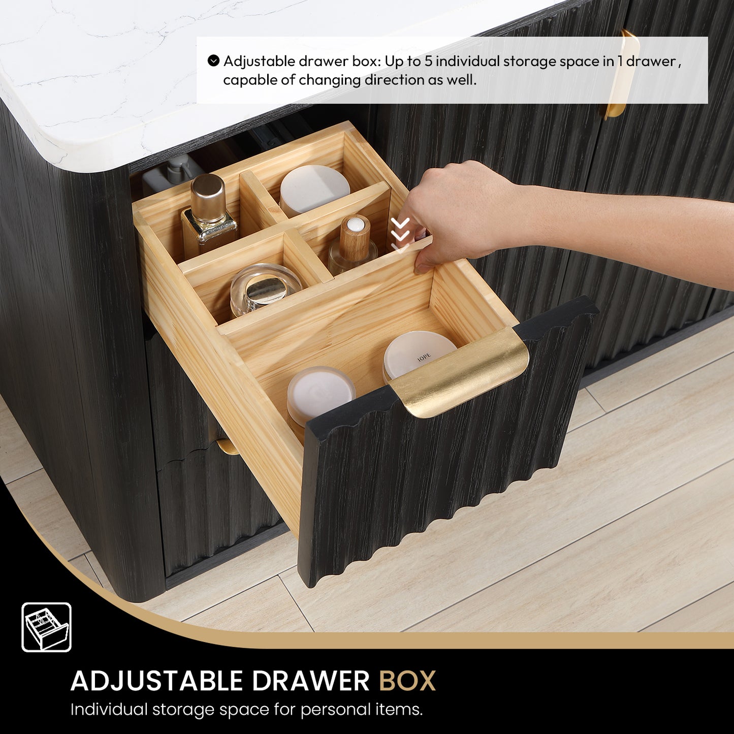 Vinnova, Cádiz 84in. Free-standing Double Bathroom Vanity in Fir Wood Black with Composite top in Lightning White