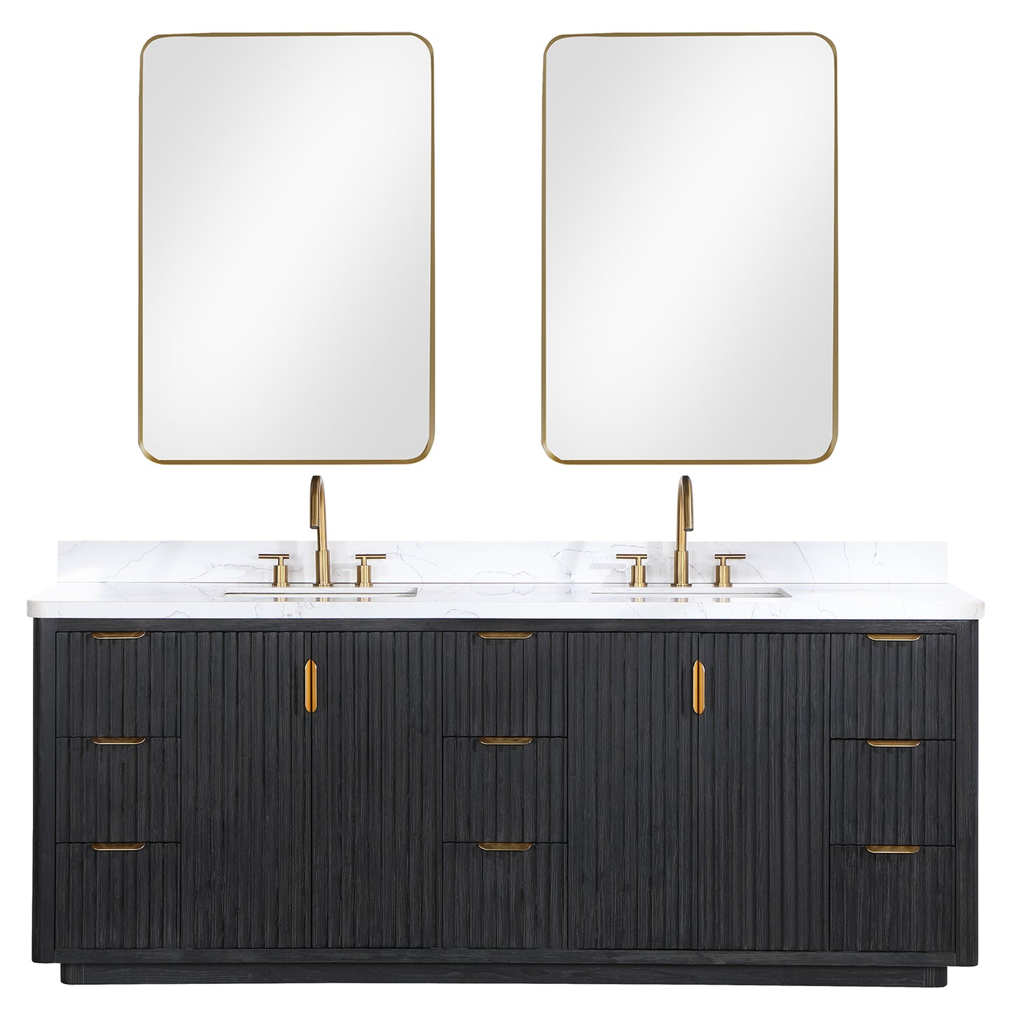 Vinnova, Cádiz 84in. Free-standing Double Bathroom Vanity in Fir Wood Black with Composite top in Lightning White and Mirror