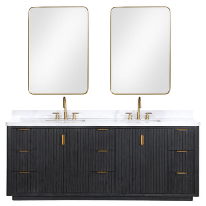 Vinnova, Cádiz 84in. Free-standing Double Bathroom Vanity in Fir Wood Black with Composite top in Lightning White and Mirror