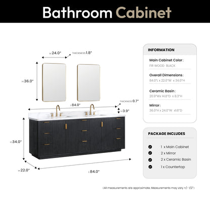 Vinnova, Cádiz 84in. Free-standing Double Bathroom Vanity in Fir Wood Black with Composite top in Lightning White and Mirror