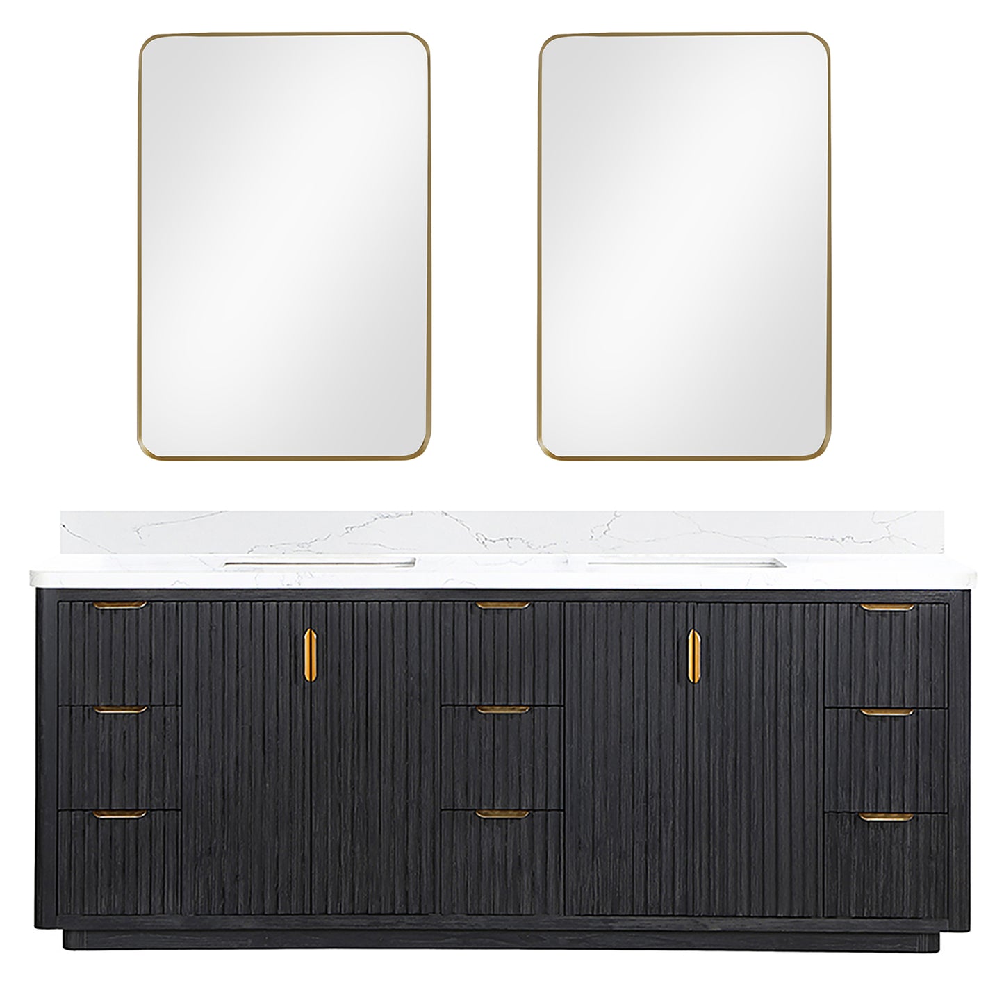Vinnova, Cádiz 84in. Free-standing Double Bathroom Vanity in Fir Wood Black with Composite top in Lightning White and Mirror