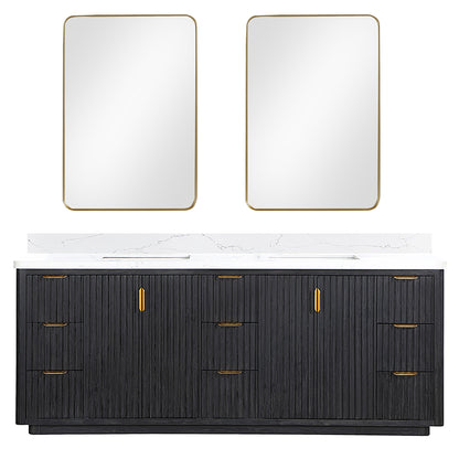 Vinnova, Cádiz 84in. Free-standing Double Bathroom Vanity in Fir Wood Black with Composite top in Lightning White and Mirror