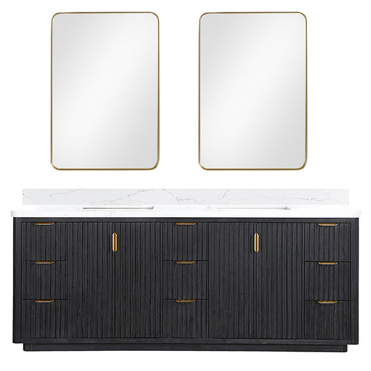 Vinnova, Cádiz 84in. Free-standing Double Bathroom Vanity in Fir Wood Black with Composite top in Lightning White and Mirror