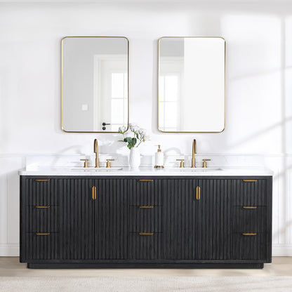 Vinnova, Cádiz 84in. Free-standing Double Bathroom Vanity in Fir Wood Black with Composite top in Lightning White and Mirror