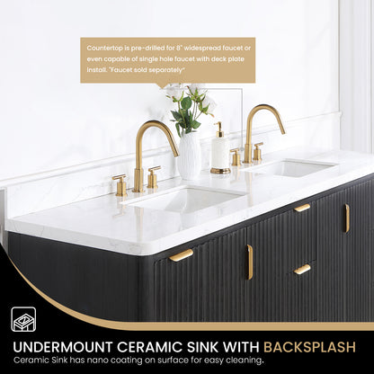 Vinnova, Cádiz 84in. Free-standing Double Bathroom Vanity in Fir Wood Black with Composite top in Lightning White and Mirror