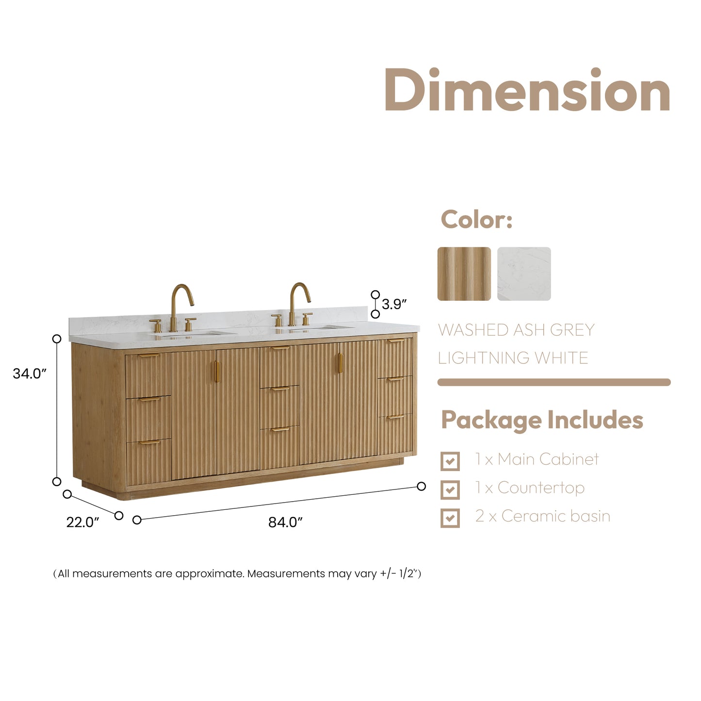 Vinnova, Cádiz 84in. Free-standing Double Bathroom Vanity in Washed Ash Grey with Composite top in Lightning White