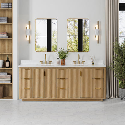 Vinnova, Cádiz 84in. Free-standing Double Bathroom Vanity in Washed Ash Grey with Composite top in Lightning White and Mirror
