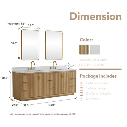 Vinnova, Cádiz 84in. Free-standing Double Bathroom Vanity in Washed Ash Grey with Composite top in Lightning White and Mirror