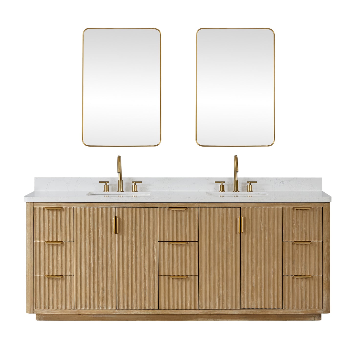Vinnova, Cádiz 84in. Free-standing Double Bathroom Vanity in Washed Ash Grey with Composite top in Lightning White and Mirror