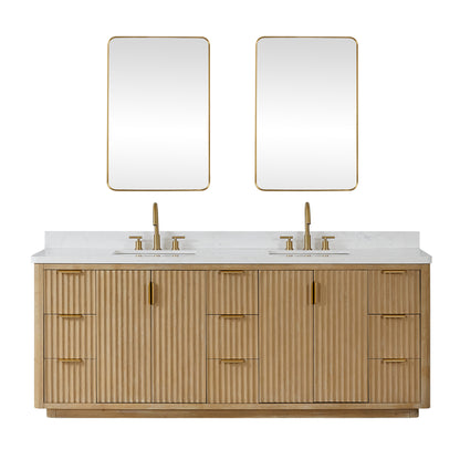 Vinnova, Cádiz 84in. Free-standing Double Bathroom Vanity in Washed Ash Grey with Composite top in Lightning White and Mirror