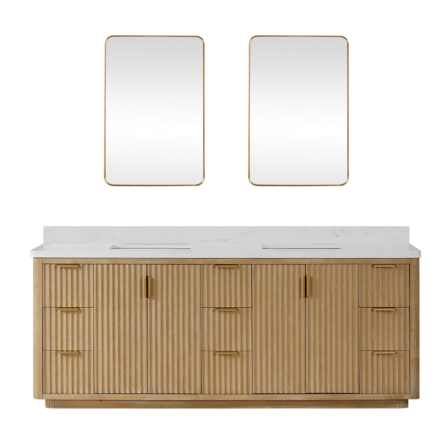 Vinnova, Cádiz 84in. Free-standing Double Bathroom Vanity in Washed Ash Grey with Composite top in Lightning White and Mirror