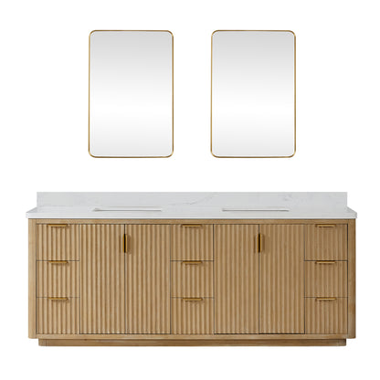 Vinnova, Cádiz 84in. Free-standing Double Bathroom Vanity in Washed Ash Grey with Composite top in Lightning White and Mirror