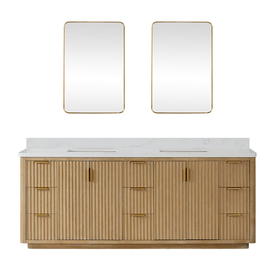Vinnova, Cádiz 84in. Free-standing Double Bathroom Vanity in Washed Ash Grey with Composite top in Lightning White and Mirror