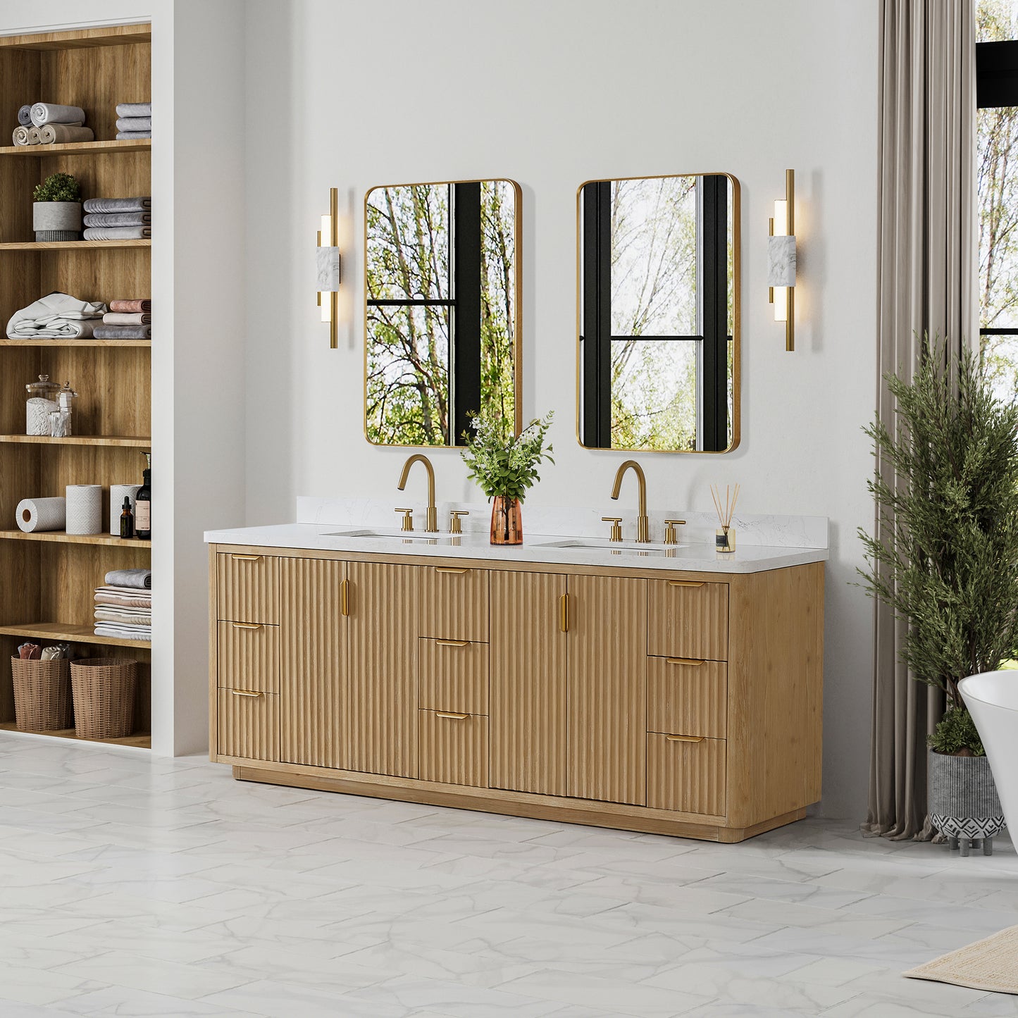 Vinnova, Cádiz 84in. Free-standing Double Bathroom Vanity in Washed Ash Grey with Composite top in Lightning White and Mirror