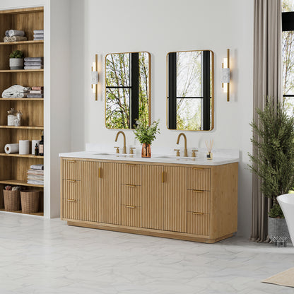 Vinnova, Cádiz 84in. Free-standing Double Bathroom Vanity in Washed Ash Grey with Composite top in Lightning White and Mirror