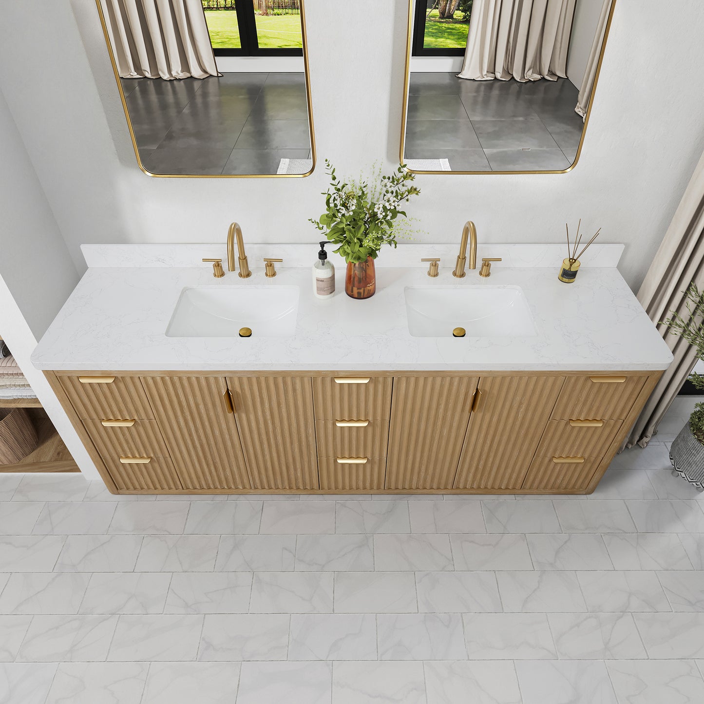 Vinnova, Cádiz 84in. Free-standing Double Bathroom Vanity in Washed Ash Grey with Composite top in Lightning White and Mirror
