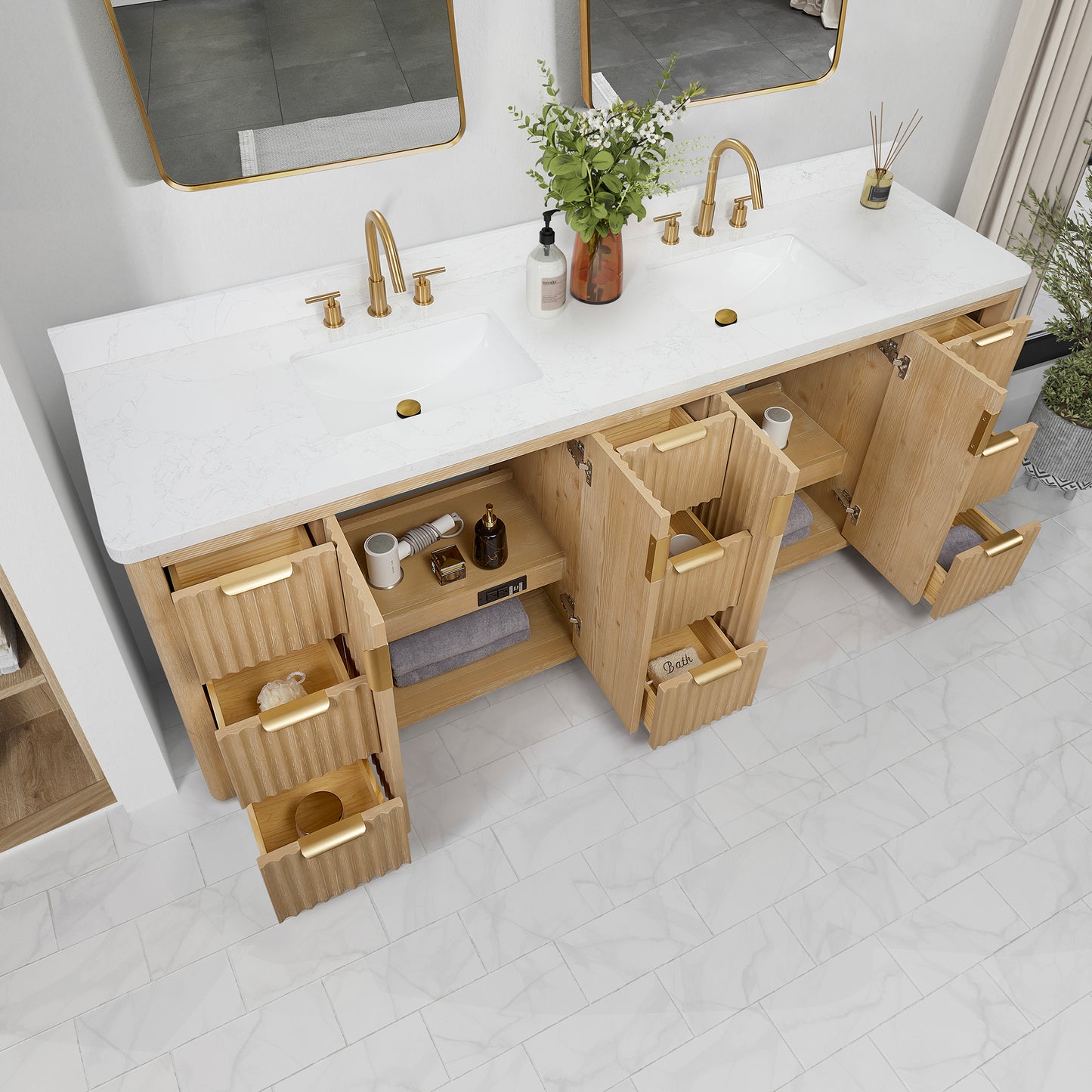 Vinnova, Cádiz 84in. Free-standing Double Bathroom Vanity in Washed Ash Grey with Composite top in Lightning White and Mirror