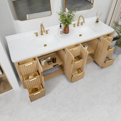 Vinnova, Cádiz 84in. Free-standing Double Bathroom Vanity in Washed Ash Grey with Composite top in Lightning White and Mirror