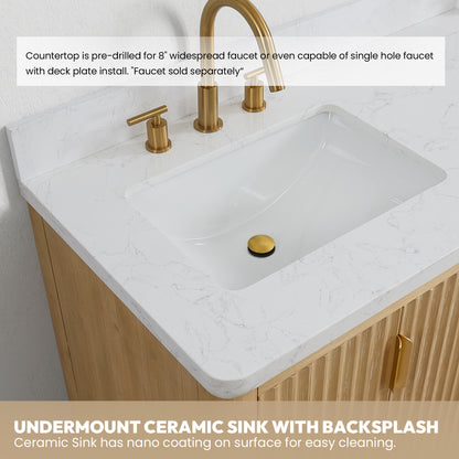 Vinnova, Cádiz 84in. Free-standing Double Bathroom Vanity in Washed Ash Grey with Composite top in Lightning White and Mirror