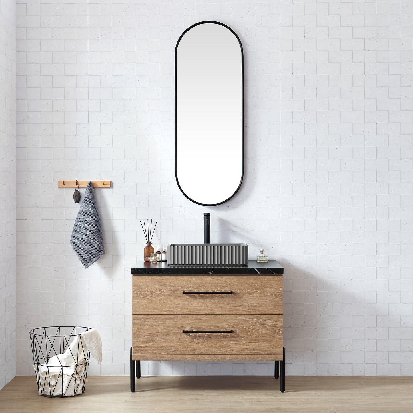 Vinnova, Trento 36A" Single Sink Bath Vanity in North American Oak with Black Sintered Stone Top with Concrete Sink