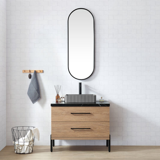 Vinnova, Trento 36A" Single Sink Bath Vanity in North American Oak with Black Sintered Stone Top with Concrete Sink