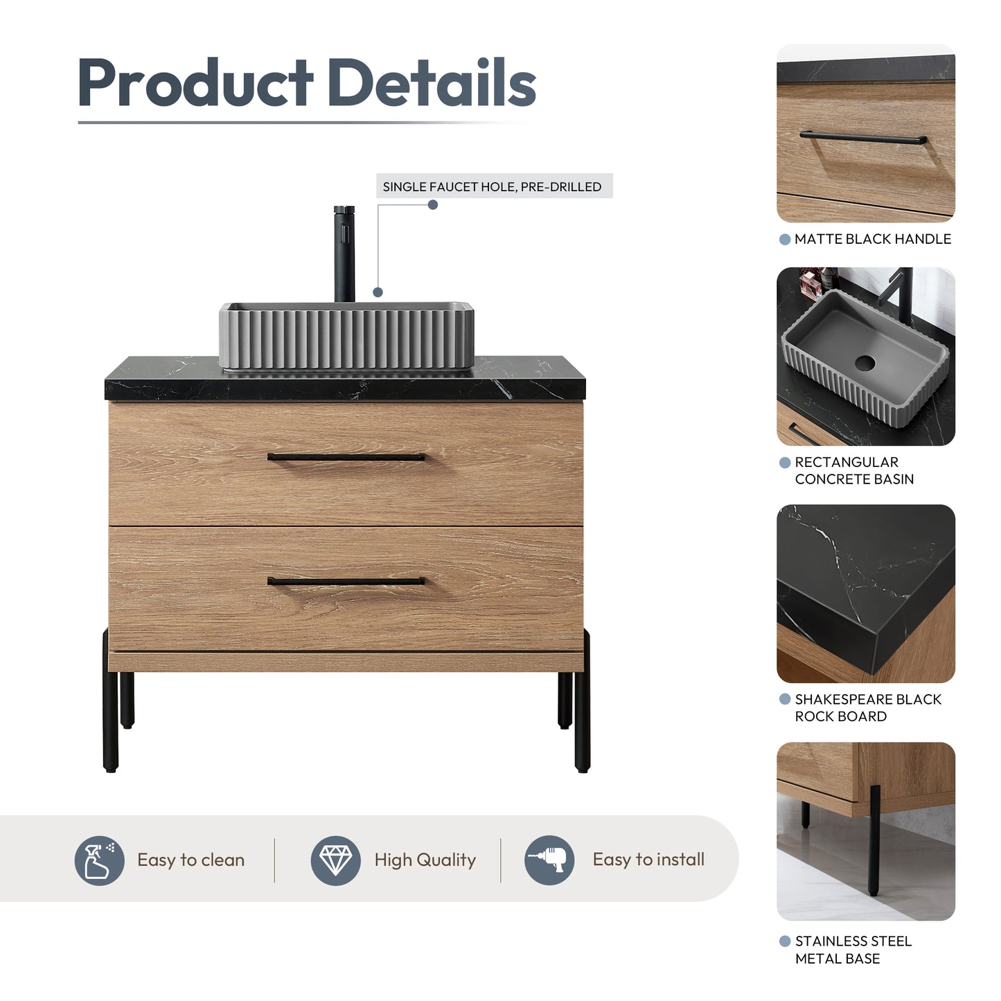 Vinnova, Trento 36A" Single Sink Bath Vanity in North American Oak with Black Sintered Stone Top with Concrete Sink