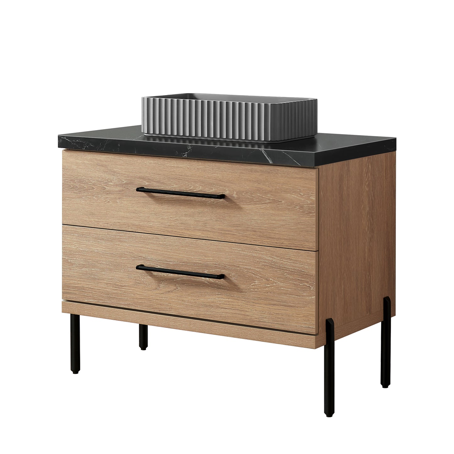 Vinnova, Trento 36A" Single Sink Bath Vanity in North American Oak with Black Sintered Stone Top with Concrete Sink