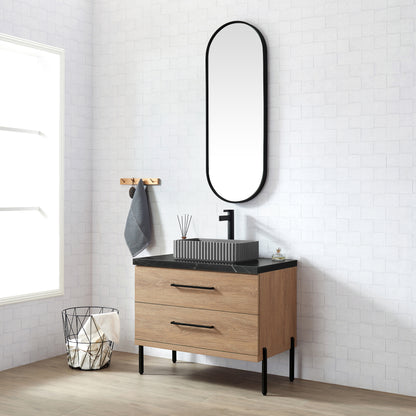 Vinnova, Trento 36A" Single Sink Bath Vanity in North American Oak with Black Sintered Stone Top with Concrete Sink