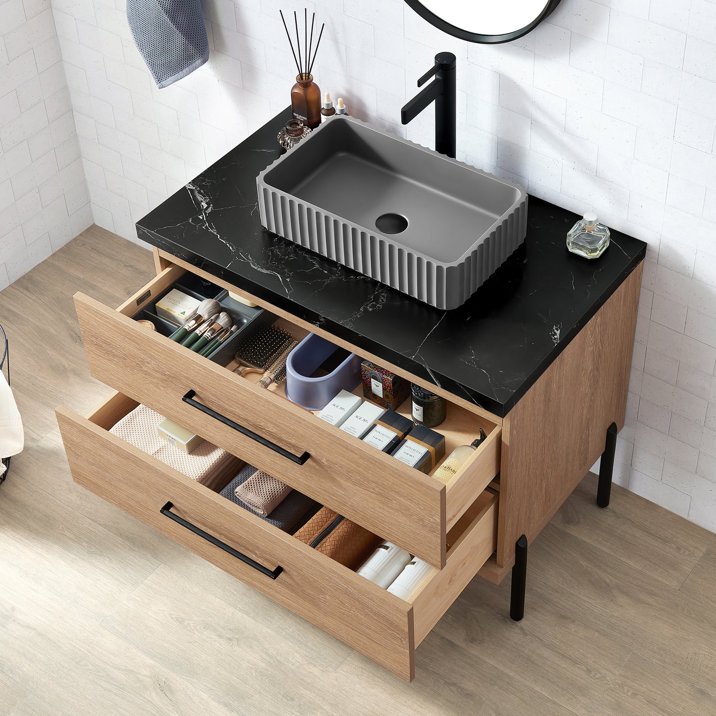 Vinnova, Trento 36A" Single Sink Bath Vanity in North American Oak with Black Sintered Stone Top with Concrete Sink