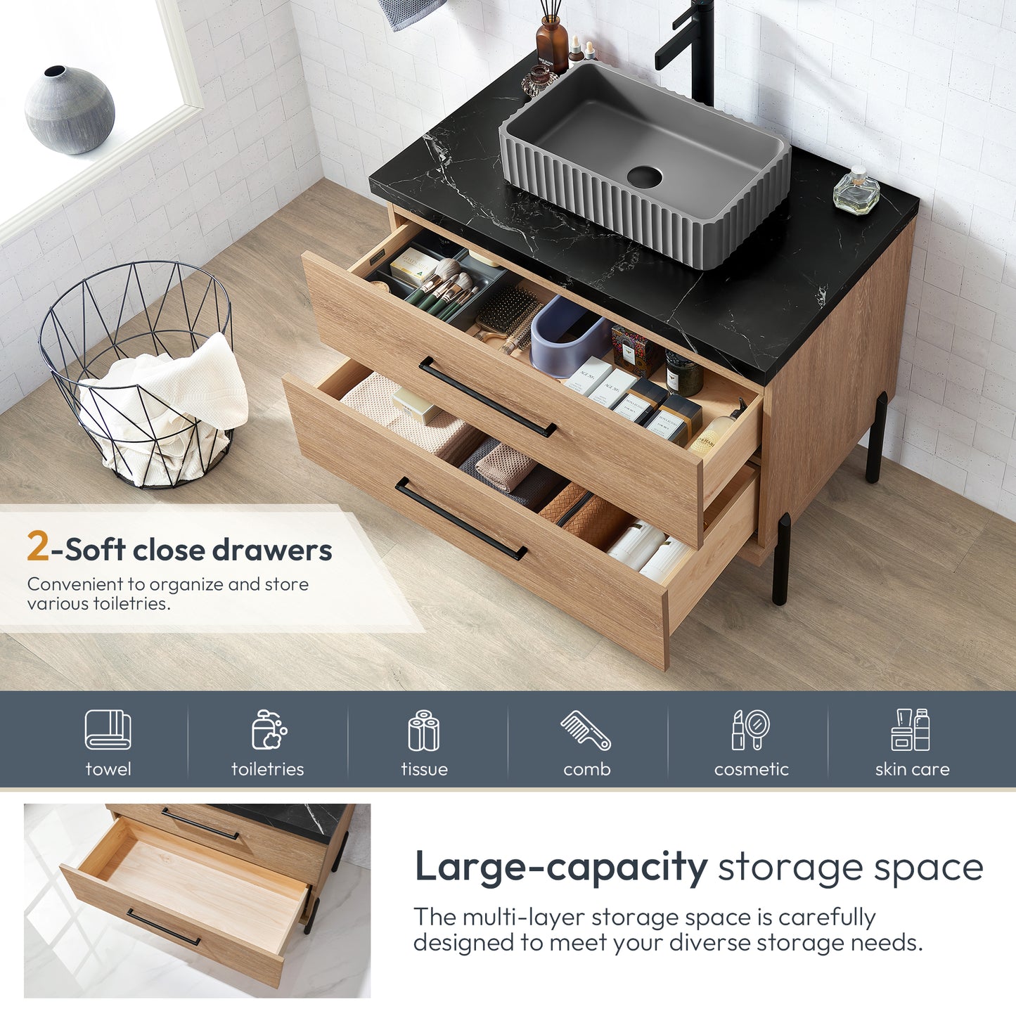 Vinnova, Trento 36A" Single Sink Bath Vanity in North American Oak with Black Sintered Stone Top with Concrete Sink