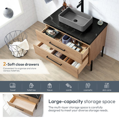 Vinnova, Trento 36A" Single Sink Bath Vanity in North American Oak with Black Sintered Stone Top with Concrete Sink