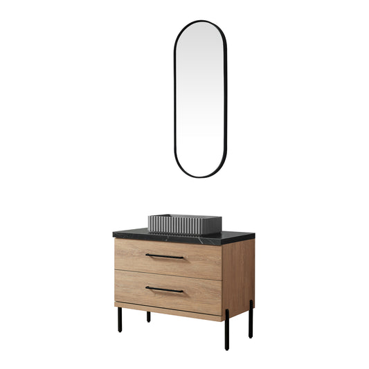 Vinnova, Trento 36A" Single Sink Bath Vanity in North American Oak with Black Sintered Stone Top with Concrete Sink and Mirror