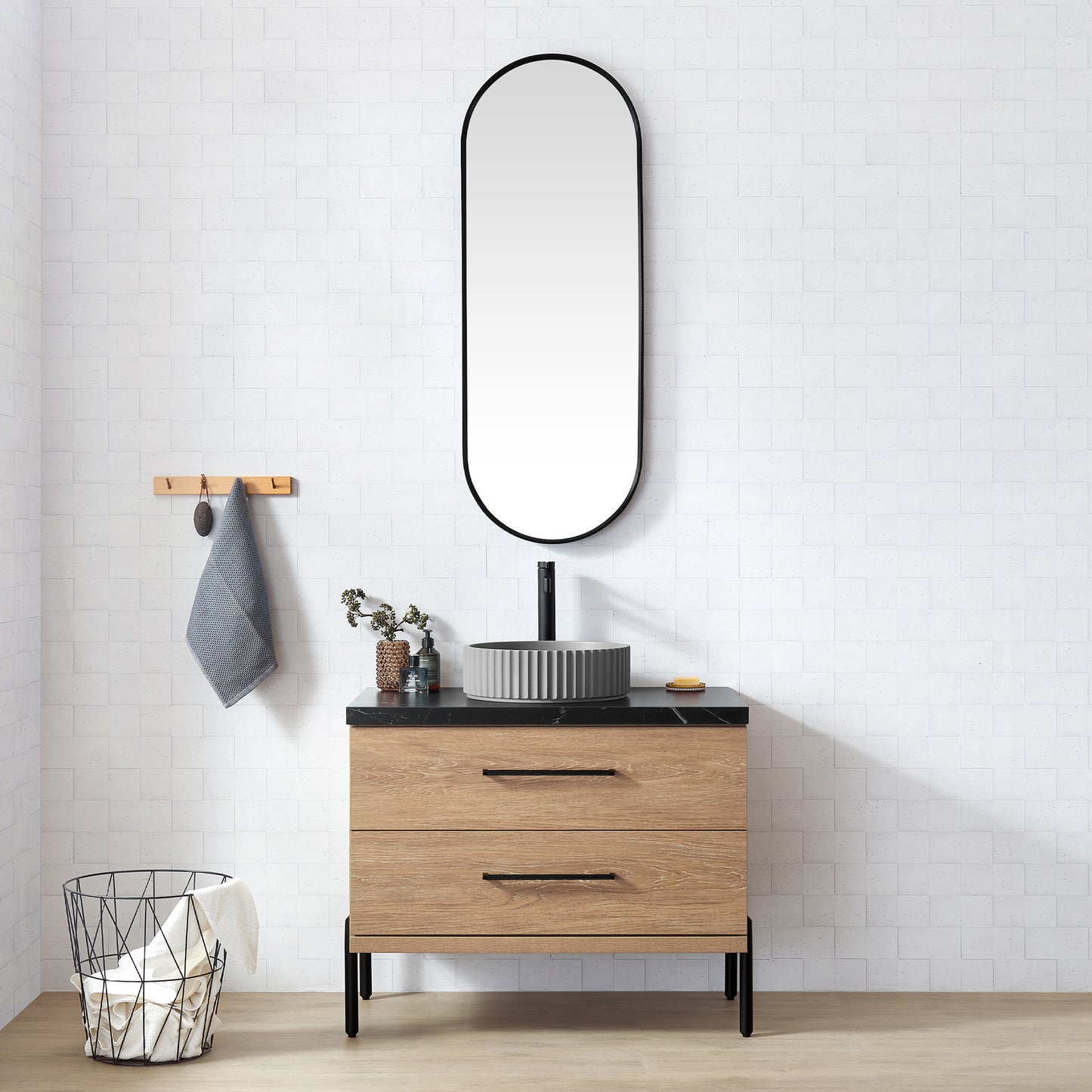 Vinnova, Trento 36B" Single Sink Bath Vanity in North American Oak with Black Sintered Stone Top with Concrete Sink