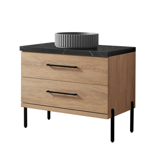 Vinnova, Trento 36B" Single Sink Bath Vanity in North American Oak with Black Sintered Stone Top with Concrete Sink