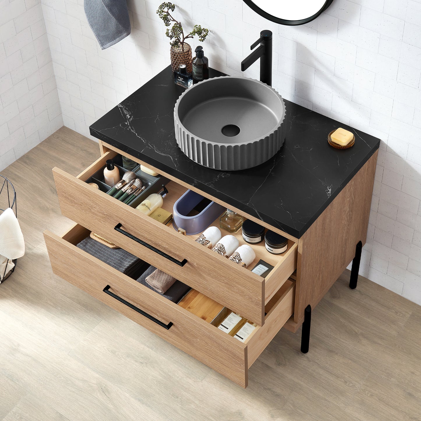 Vinnova, Trento 36B" Single Sink Bath Vanity in North American Oak with Black Sintered Stone Top with Concrete Sink