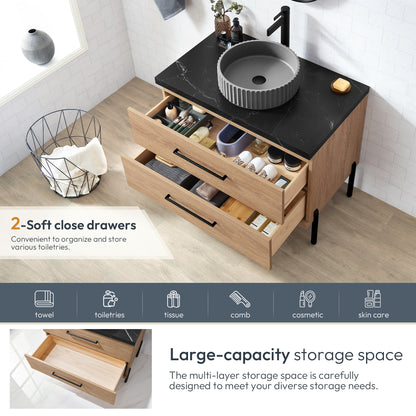 Vinnova, Trento 36B" Single Sink Bath Vanity in North American Oak with Black Sintered Stone Top with Concrete Sink
